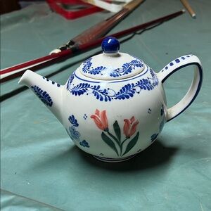 Vintage Floral Blue and White Teapot